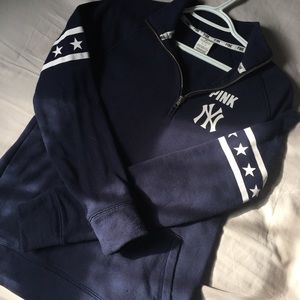 Navy Yankees vs pink quarter zip